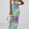 Sleeveless Tie Dye Straps Neck Cut Out Pleated Open Shoulder Sexy Dresses