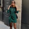 Vintage Floral Print Pleated Bodycon Mini Dress
