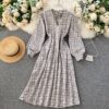 Casual Puff Sleeve A-Line Vintage Plaid Midi Long Dress