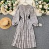 Casual Puff Sleeve A-Line Vintage Plaid Midi Long Dress - Image 2