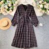 Casual Puff Sleeve A-Line Vintage Plaid Midi Long Dress - Image 3