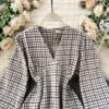 Casual Puff Sleeve A-Line Vintage Plaid Midi Long Dress - Image 4