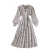 Casual Puff Sleeve A-Line Vintage Plaid Midi Long Dress - Image 6