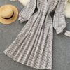Casual Puff Sleeve A-Line Vintage Plaid Midi Long Dress - Image 7