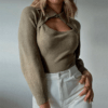Cut Out Turn-down Collar Office Knit Sweater