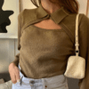 Cut Out Turn-down Collar Office Knit Sweater - Image 2