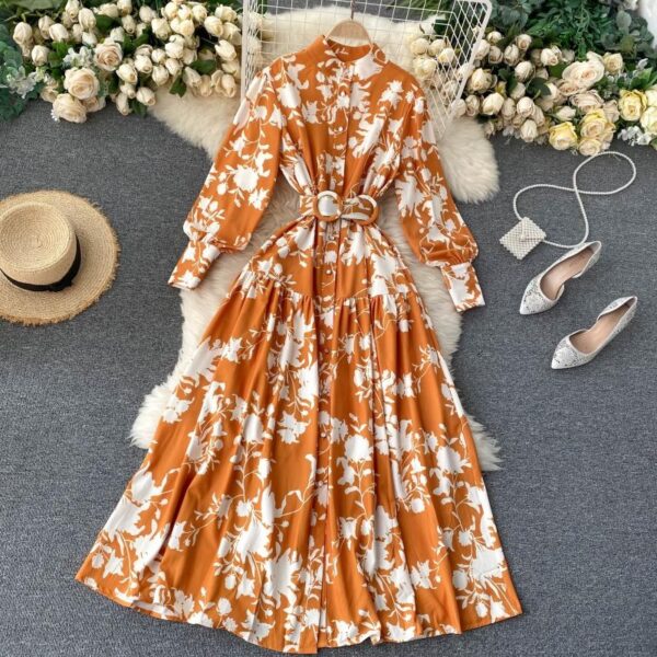 Design Stand Collar Button Wind Print Maxi Dress - Image 5