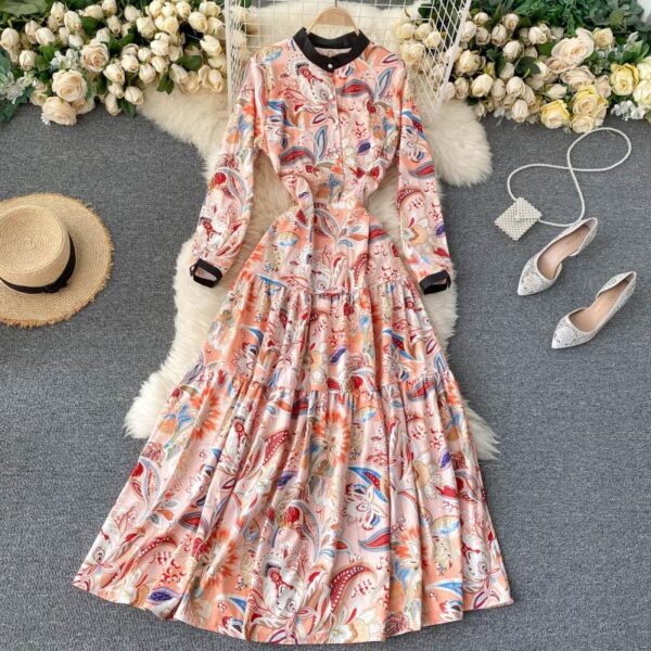 Retro Stand Collar Long Sleeve A-line Print Maxi Dress