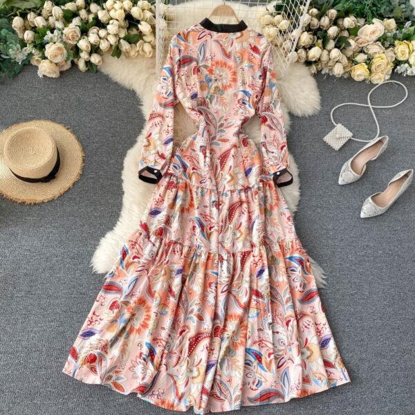 Retro Stand Collar Long Sleeve A-line Print Maxi Dress - Image 2