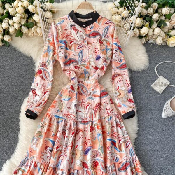 Retro Stand Collar Long Sleeve A-line Print Maxi Dress - Image 3