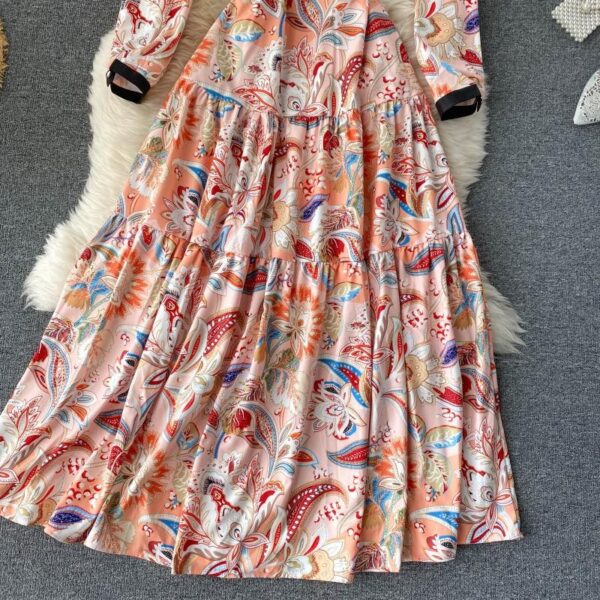 Retro Stand Collar Long Sleeve A-line Print Maxi Dress - Image 4