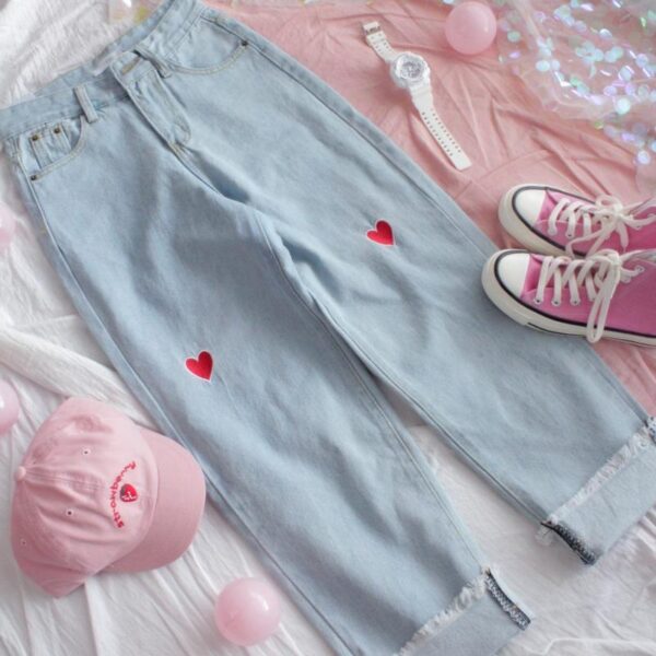 Denim High-Waisted Loose Love Heart Embroidery Ankle-Length Pants - Image 4