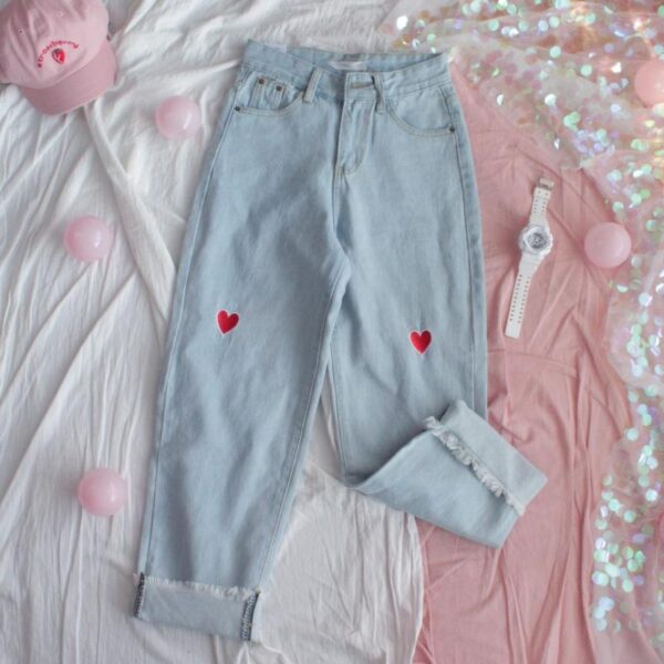 Denim High-Waisted Loose Love Heart Embroidery Ankle-Length Pants - Image 5