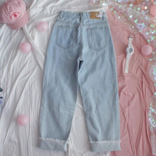 Denim High-Waisted Loose Love Heart Embroidery Ankle-Length Pants - Image 6