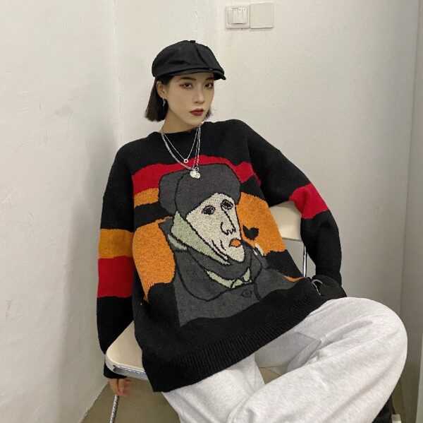 Elegant Van Gogh Art Printing Loose Outer Wear Sweater