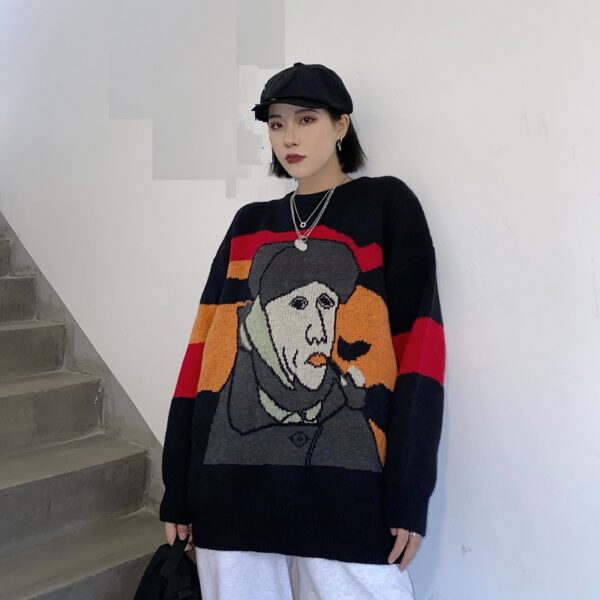 Elegant Van Gogh Art Printing Loose Outer Wear Sweater - Image 3