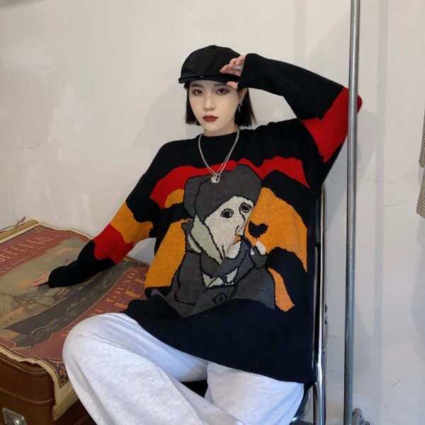 Elegant Van Gogh Art Printing Loose Outer Wear Sweater - Image 5