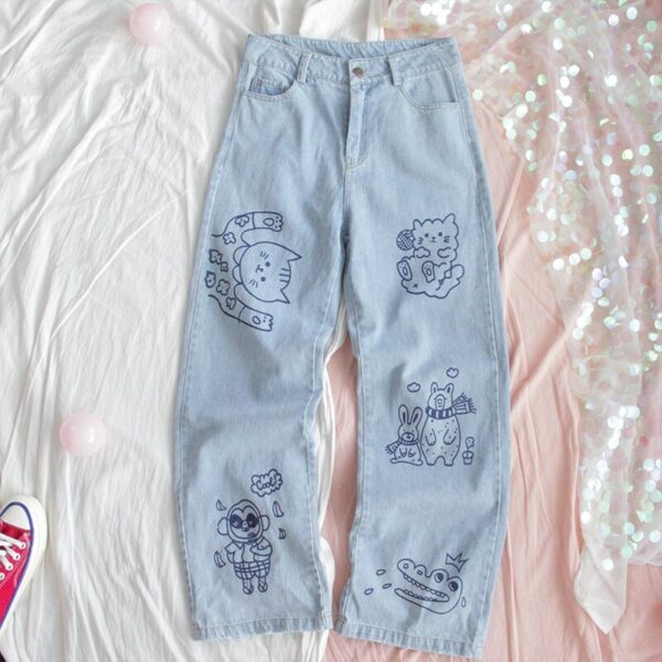 Loose Straight Cute Animal Print Jeans Pants - Image 4