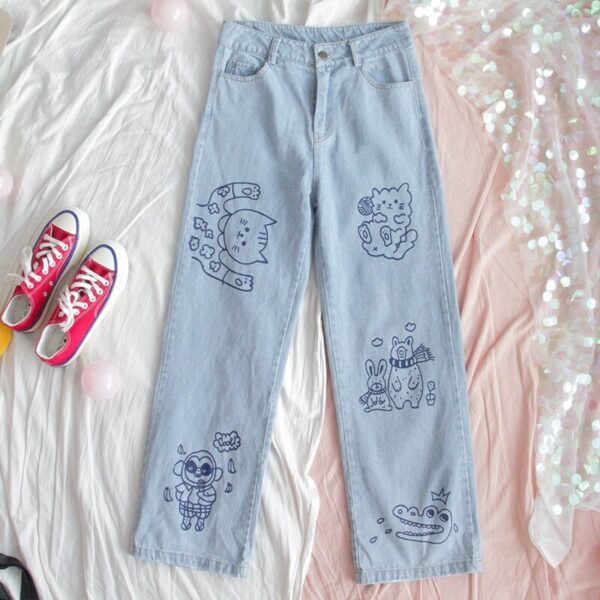 Loose Straight Cute Animal Print Jeans Pants