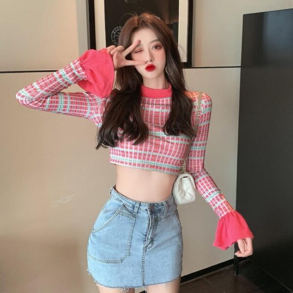 New Retro Slim Plaid Fared Sleeve Short Base T-shirt