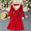 Retro Elastic Puff Sleeve V Neck Sweet Knitted Sweater Dresses