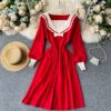 Retro Elastic Puff Sleeve V Neck Sweet Knitted Sweater Dresses - Image 2
