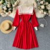 Retro Elastic Puff Sleeve V Neck Sweet Knitted Sweater Dresses - Image 3