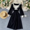 Retro Elastic Puff Sleeve V Neck Sweet Knitted Sweater Dresses - Image 6