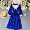 Retro Elastic Puff Sleeve V Neck Sweet Knitted Sweater Dresses - Image 7
