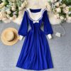 Retro Elastic Puff Sleeve V Neck Sweet Knitted Sweater Dresses - Image 8