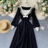 Retro Elastic Puff Sleeve V Neck Sweet Knitted Sweater Dresses - Image 9