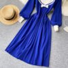 Retro Elastic Puff Sleeve V Neck Sweet Knitted Sweater Dresses - Image 11
