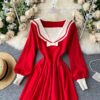 Retro Elastic Puff Sleeve V Neck Sweet Knitted Sweater Dresses - Image 12