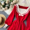 Retro Elastic Puff Sleeve V Neck Sweet Knitted Sweater Dresses - Image 13