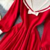 Retro Elastic Puff Sleeve V Neck Sweet Knitted Sweater Dresses - Image 14