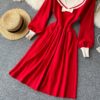 Retro Elastic Puff Sleeve V Neck Sweet Knitted Sweater Dresses - Image 15