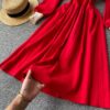 Retro Elastic Puff Sleeve V Neck Sweet Knitted Sweater Dresses - Image 16