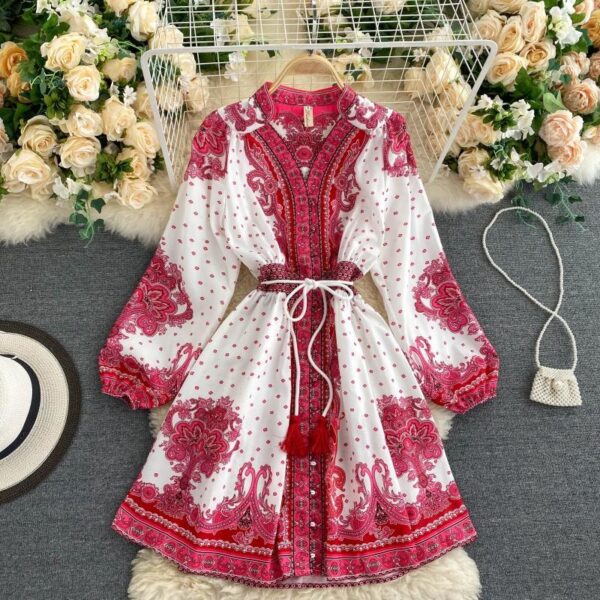 Casual Fashion Vintage  V Neck Long Sleeve  Streetwear Flower Dress