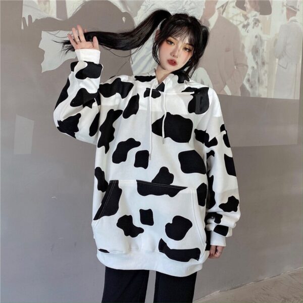 Cow Print Long-Sleeved Hooded Pullover Sweatshirt - Image 2