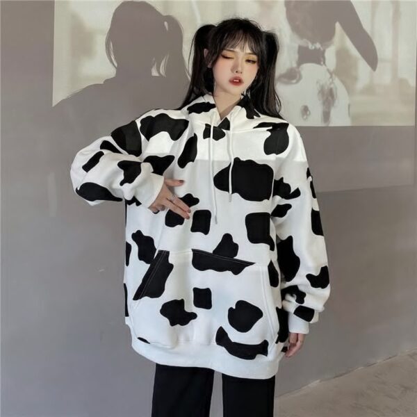 Cow Print Long-Sleeved Hooded Pullover Sweatshirt - Image 3