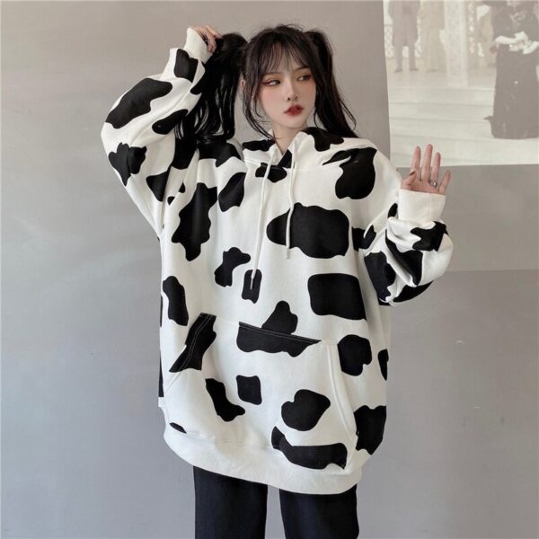 Cow Print Long-Sleeved Hooded Pullover Sweatshirt - Image 4