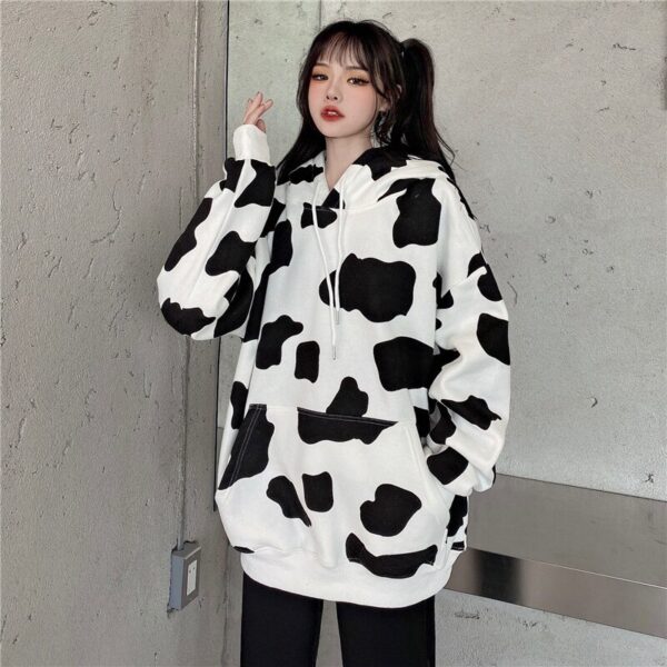 Cow Print Long-Sleeved Hooded Pullover Sweatshirt - Image 5