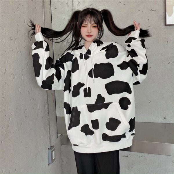 Cow Print Long-Sleeved Hooded Pullover Sweatshirt - Image 7