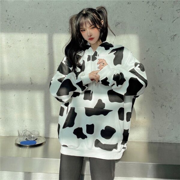 Cow Print Long-Sleeved Hooded Pullover Sweatshirt - Image 8