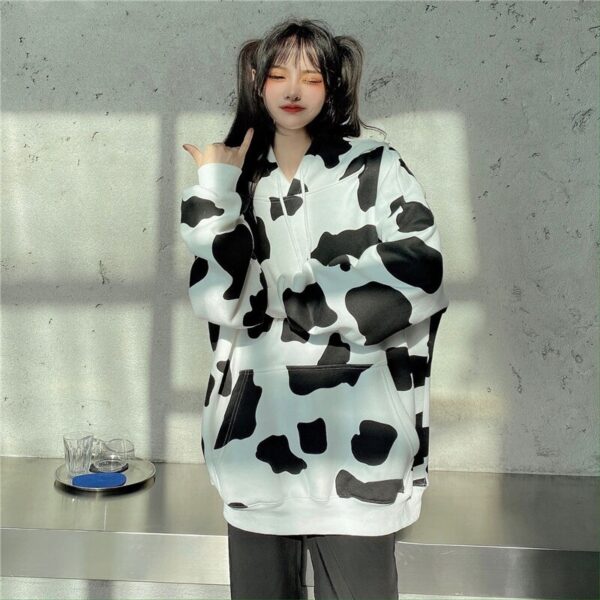 Cow Print Long-Sleeved Hooded Pullover Sweatshirt - Image 9