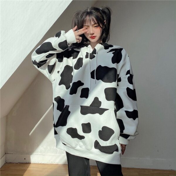 Cow Print Long-Sleeved Hooded Pullover Sweatshirt