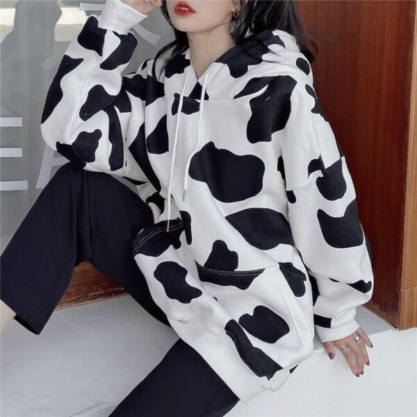 Cow Print Long-Sleeved Hooded Pullover Sweatshirt - Image 10