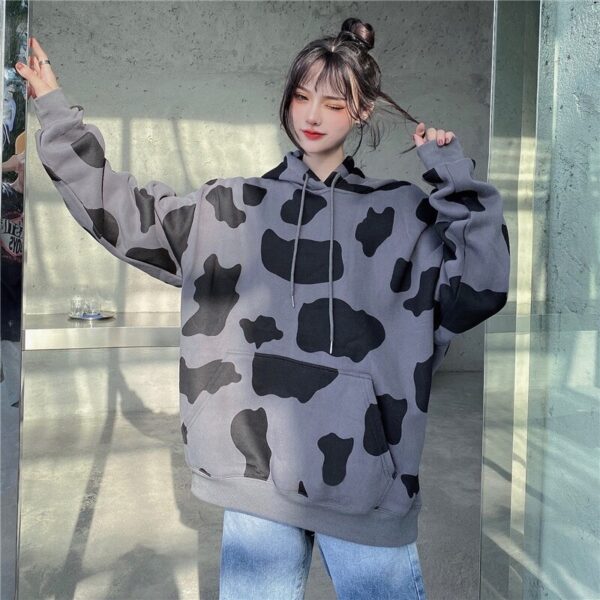 Cow Print Long-Sleeved Hooded Pullover Sweatshirt - Image 15