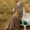 Long Sleeves Printed V Neck Maxi Polyester Long Dress