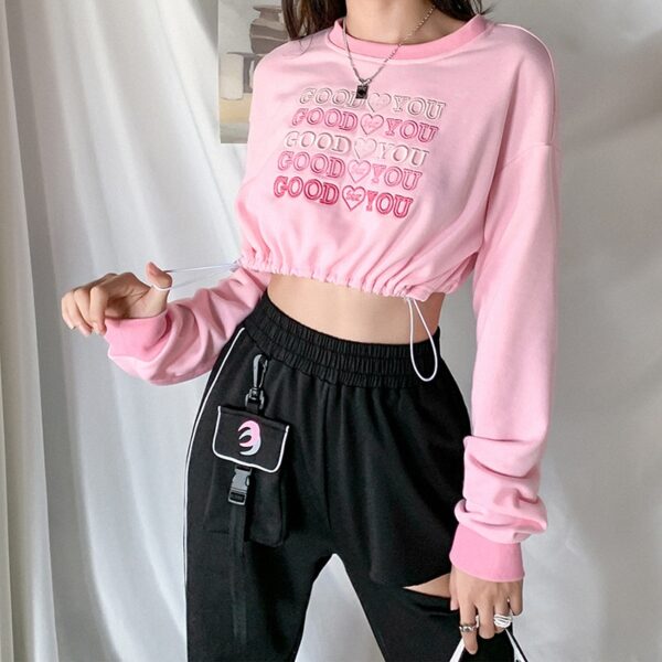 New Letters Embroidery Drawstring O Neck Sweatshirt